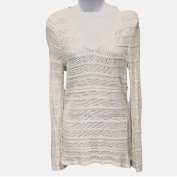 Rag & Bone Cassie Women's Deep V Neck Pattern Stripe White Slim Fit Sweater - Picture 3 of 7